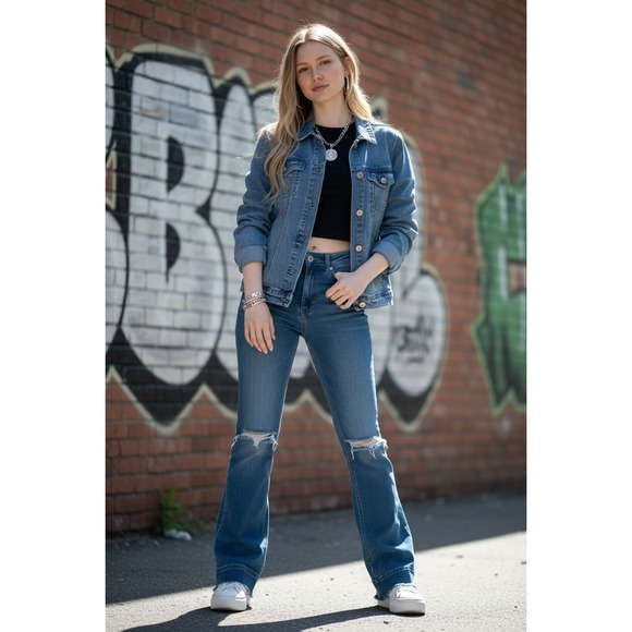 Seven 7 Women's Denim Jacket Blue Size L Casual Long Sleeve Jean Y2K trucker $89 - Picture 2 of 11